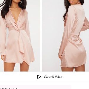 NWT PrettyLittleThing Pink Satin Wrap Shift Dress- size 4